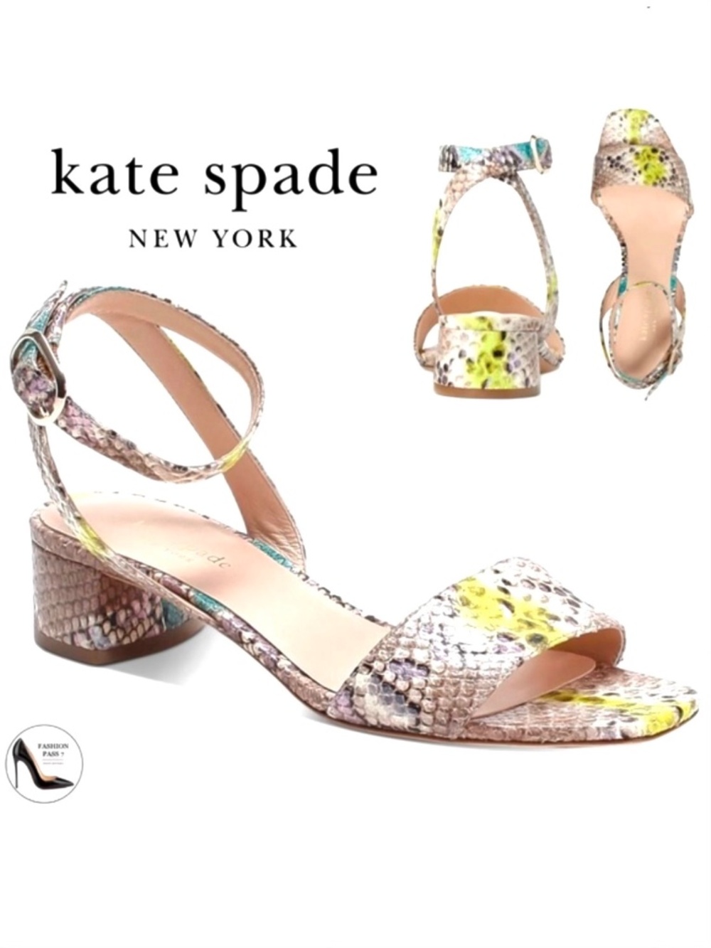 KATE SPADE Lucia Snakeskin Leather block heel Sandall Ankle strap round toe shoe
